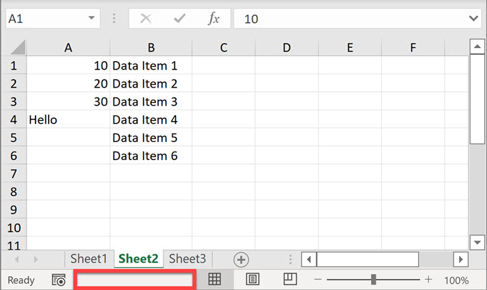 Status bar with no cells selected